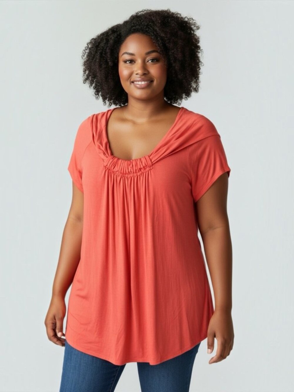 Elie Tahari Valencia T-Shirt Size XL TG Coral Short Sleeves Cowl Neck Stretch